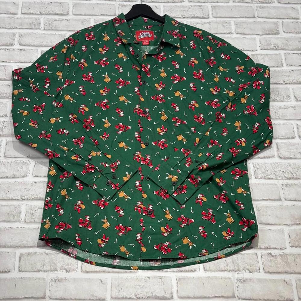 Urban Heritage Christmas Button Down Shirt Santa Reindeer Candy Cane Men's L